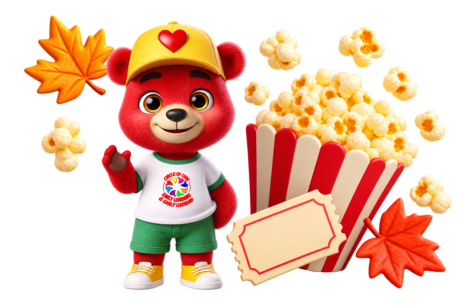Circle of Care bear mascot with popcorn, an autumn leaf and a festival ticket